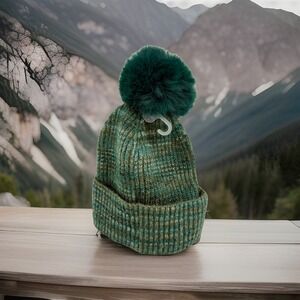 Time and Tru Cable Knit Beanie Winter Hat Faux Fur Pom Green One Size‎ New